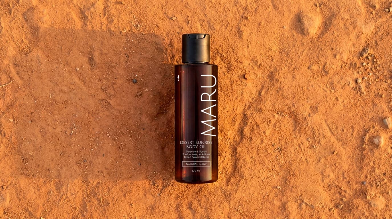 Maru Desert Sunrise body oil bottle in desert sand