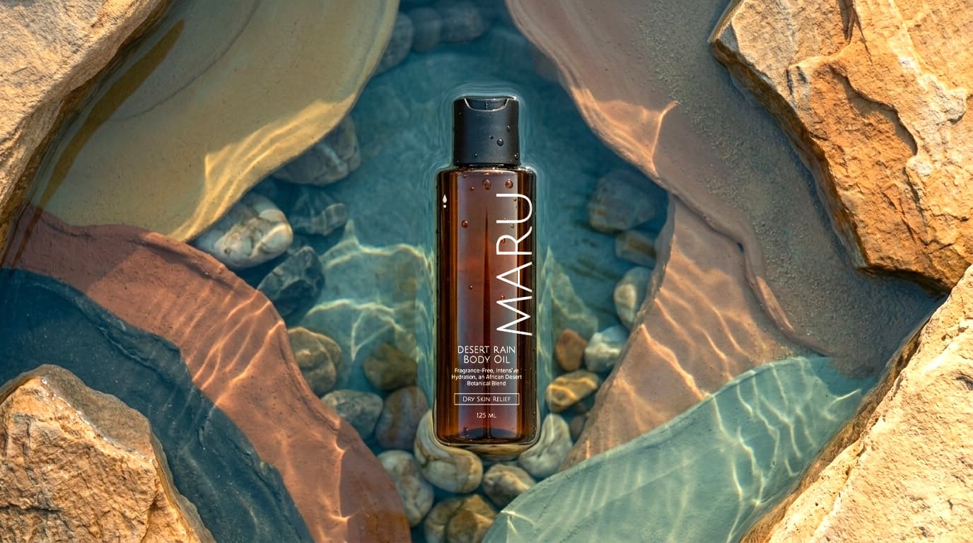 Maru Desert Rain body oil bottle in water